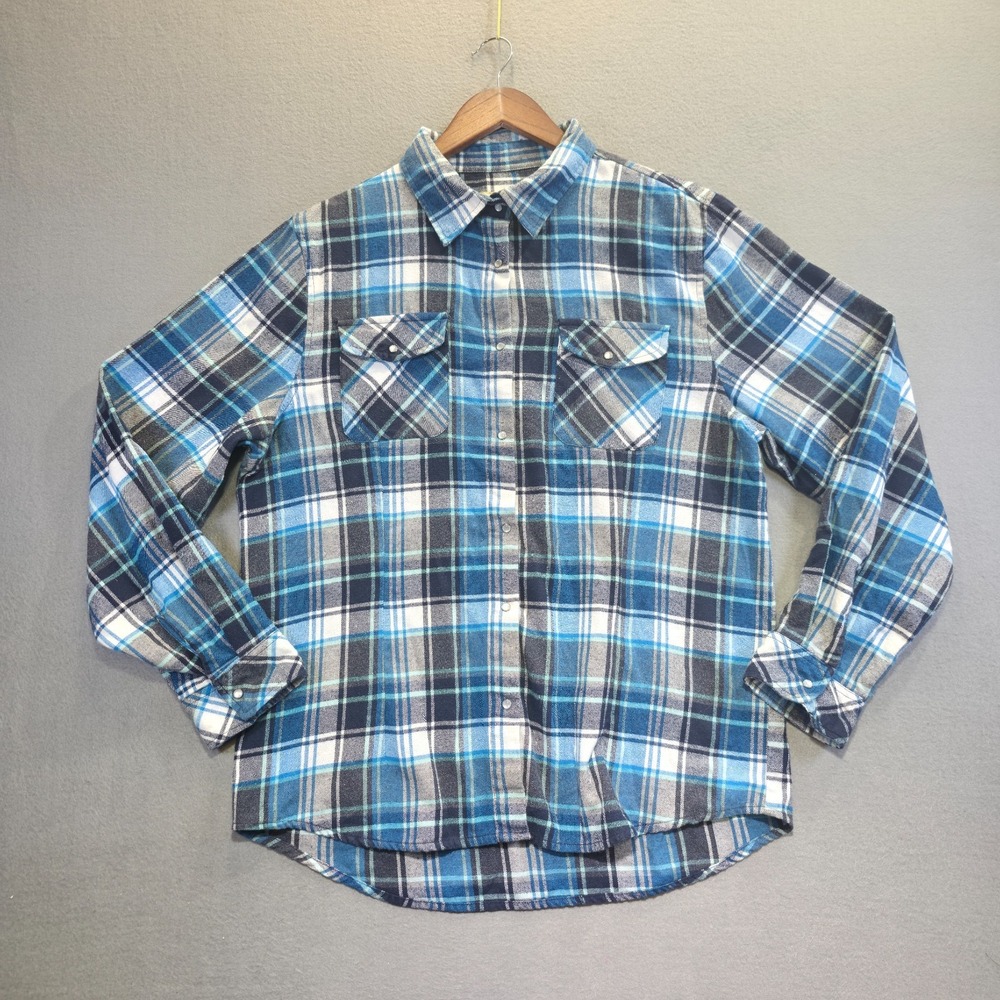 Outdoor‎ Casuals Women's Blue Plaid Long Sleeve Pearl Snap Flannel Size 2X